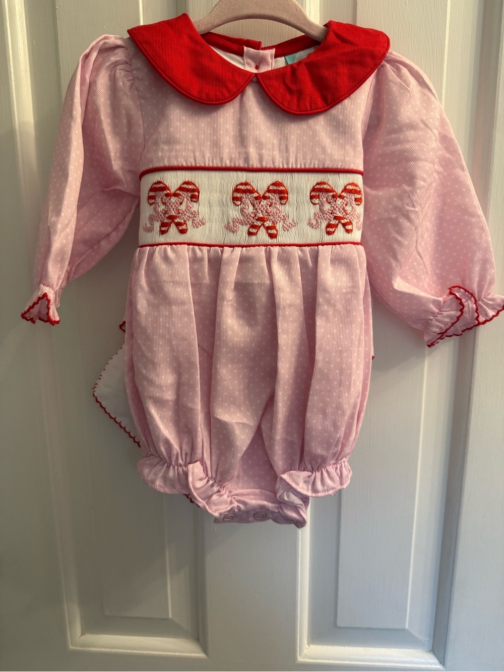 Smocked Flamingo 6M Christmas Candy Cane Smocked Bubble Romper